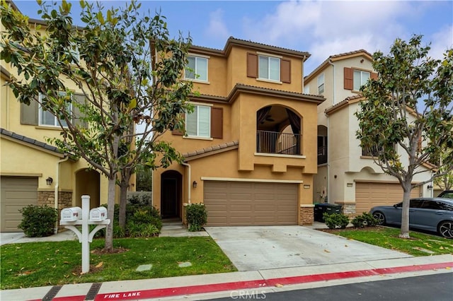 20304 Estuary Ln, Newport Beach, CA 92660 - view of front facade with stucco siding, a balcony, a tiled roof, and an attached garage