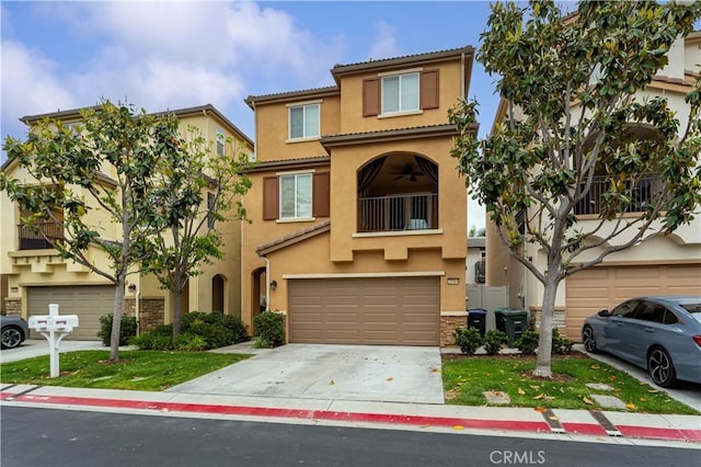 20304 Estuary Ln, Newport Beach, CA 92660 - view of front of house with stucco siding, an attached garage, driveway, a balcony, and a tiled roof
