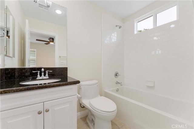20304 Estuary Ln, Newport Beach, CA 92660 - full bath with toilet, washtub / shower combination, vanity, a ceiling fan, and tile patterned flooring