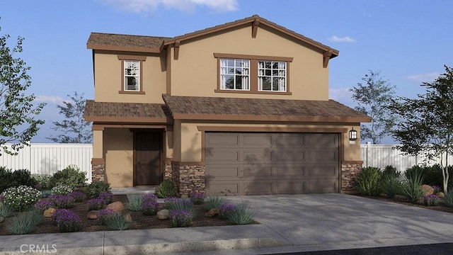 8492 Peachwillow Ct, Jurupa Valley, CA 92509 - traditional-style house featuring stone siding, fence, an attached garage, and driveway
