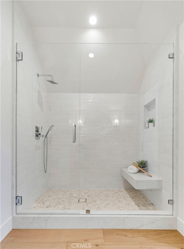 1759 Glenneyre St, Laguna Beach, CA 92651 - bathroom featuring a shower stall, wood finished floors, and recessed lighting