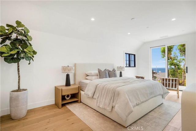 1759 Glenneyre St, Laguna Beach, CA 92651 - bedroom featuring access to exterior, baseboards, light wood-style floors, recessed lighting, and vaulted ceiling