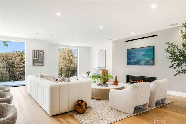 1759 Glenneyre St, Laguna Beach, CA 92651 - living area with light wood-type flooring, healthy amount of natural light, a glass covered fireplace, and recessed lighting