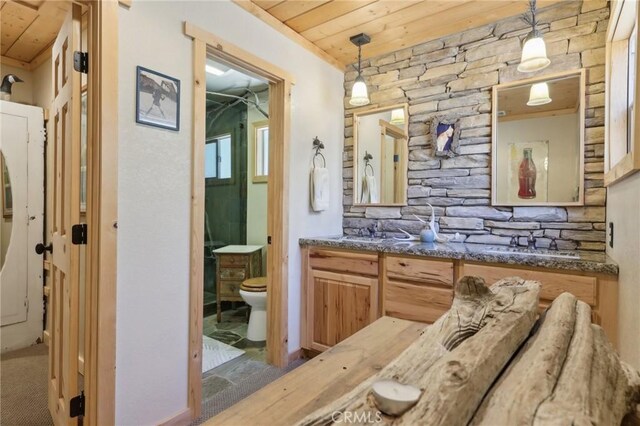 385 Iris Dr, Twin Peaks, CA 92391 - bathroom featuring wooden ceiling, toilet, and vanity