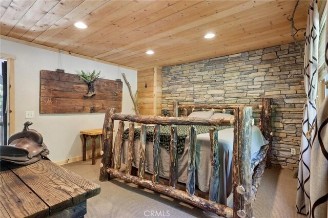 385 Iris Dr, Twin Peaks, CA 92391 - carpeted bedroom with wood ceiling and recessed lighting