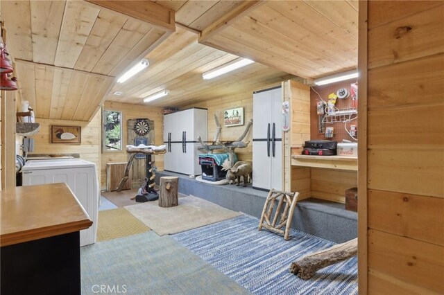385 Iris Dr, Twin Peaks, CA 92391 - bedroom with wooden walls, wooden ceiling, and carpet flooring
