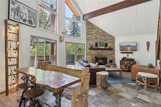 385 Iris Dr, Twin Peaks, CA 92391 - dining area featuring high vaulted ceiling, a fireplace, stone finish floors, and beamed ceiling