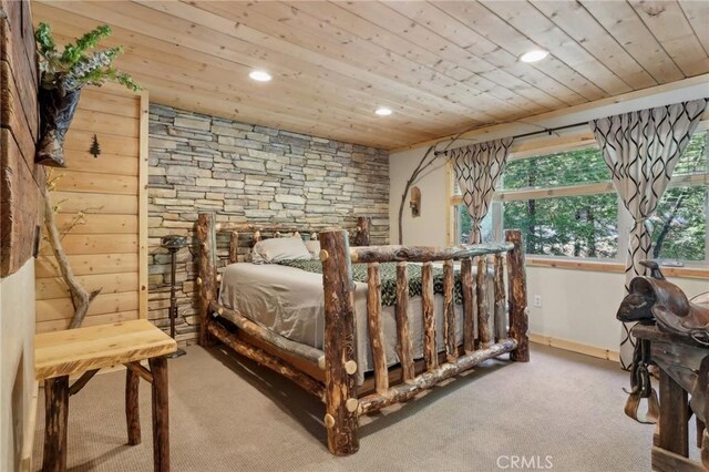 385 Iris Dr, Twin Peaks, CA 92391 - bedroom with wooden ceiling, recessed lighting, carpet, and baseboards