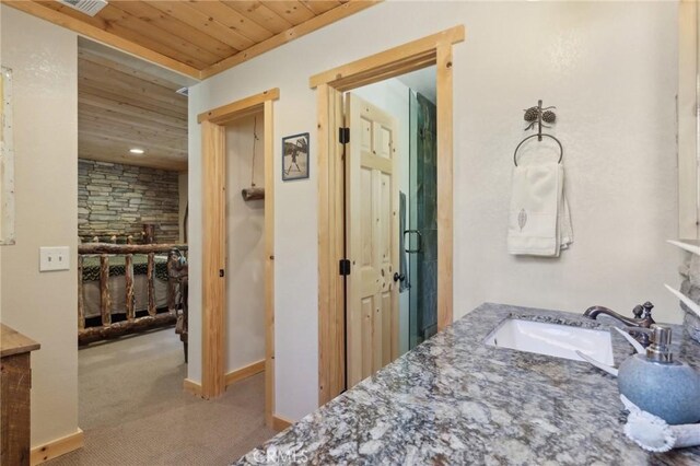 385 Iris Dr, Twin Peaks, CA 92391 - bathroom featuring wooden ceiling, vanity, and a shower stall