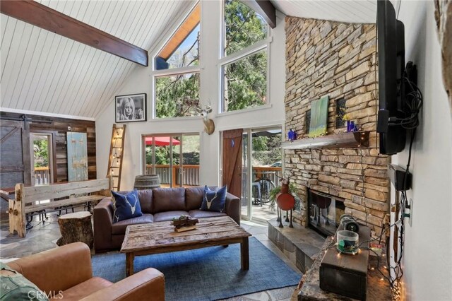 385 Iris Dr, Twin Peaks, CA 92391 - living room with high vaulted ceiling, beamed ceiling, and a fireplace