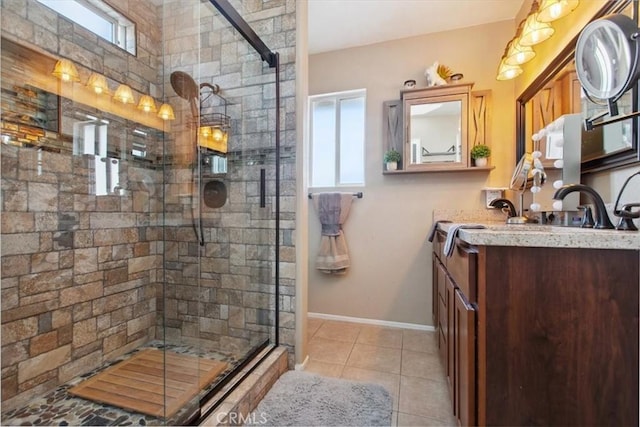 12427 Stardell Ln, Yucaipa, CA 92399 - bathroom featuring a shower stall, tile patterned flooring, baseboards, and vanity