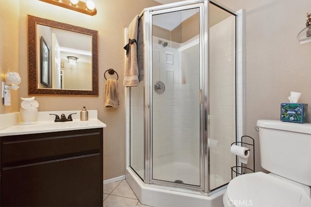 12427 Stardell Ln, Yucaipa, CA 92399 - full bath with toilet, a shower stall, vanity, and tile patterned flooring