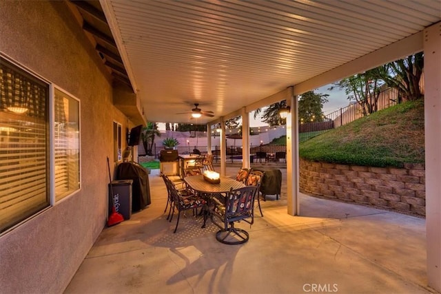 12427 Stardell Ln, Yucaipa, CA 92399 - view of patio / terrace featuring a fenced backyard, ceiling fan, and outdoor dining space