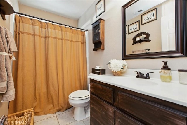 12427 Stardell Ln, Yucaipa, CA 92399 - bathroom with tile patterned floors, toilet, vanity, and a shower with shower curtain