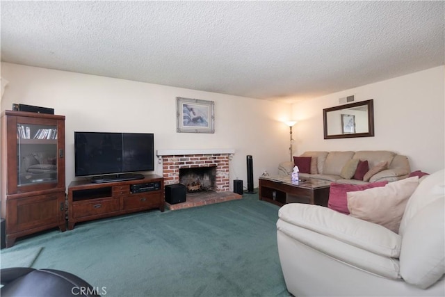 8529 Brunswick Ave, Riverside, CA 92504 - living area with carpet, a brick fireplace, and a textured ceiling