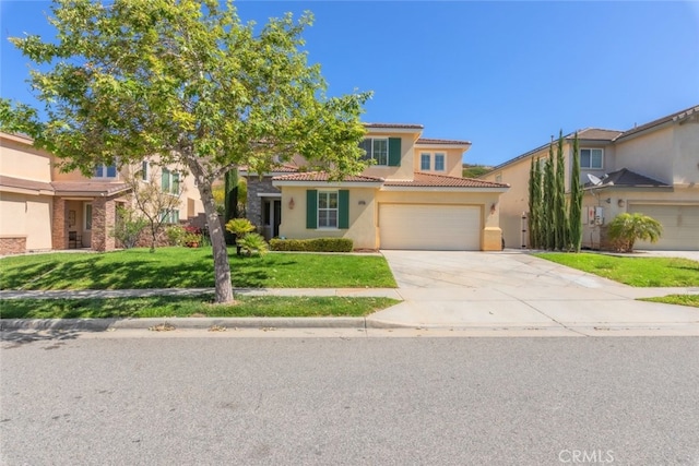 34130 Camelina St, Lake Elsinore, CA 92532 - mediterranean / spanish house with a tiled roof, stucco siding, driveway, a front lawn, and an attached garage