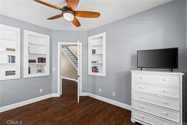 1689 Hometown Ln, Manteca, CA 95337 - bedroom featuring baseboards, dark wood-type flooring, and a ceiling fan