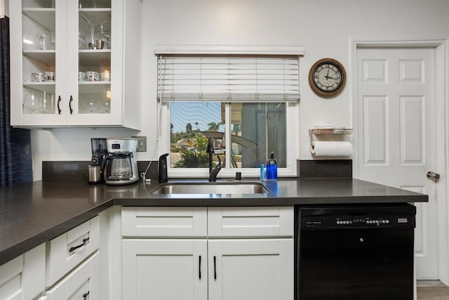 15576 Paseo Ajanta, San Diego, CA 92129 - kitchen with dishwasher, a sink, white cabinetry, dark countertops, and glass insert cabinets