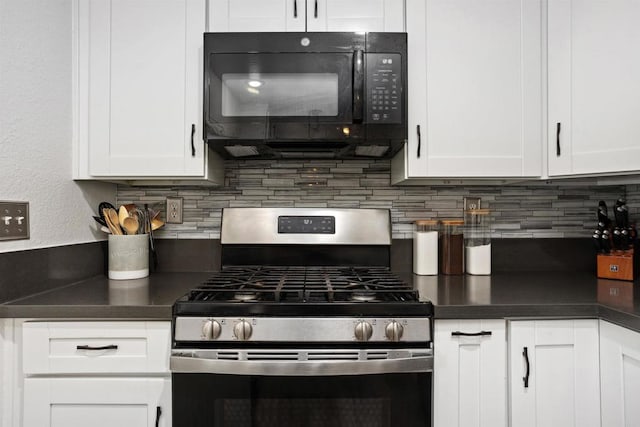 15576 Paseo Ajanta, San Diego, CA 92129 - kitchen with stainless steel range with gas stovetop, black microwave, dark countertops, backsplash, and white cabinetry