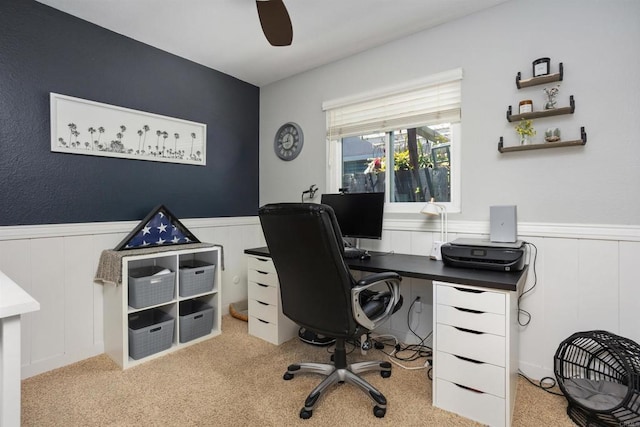 15576 Paseo Ajanta, San Diego, CA 92129 - home office featuring wainscoting, ceiling fan, carpet flooring, and a decorative wall