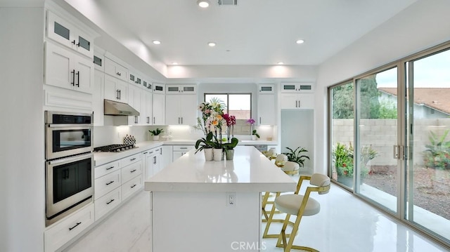 kitchen featuring a kitchen island, under cabinet range hood, a kitchen bar, light countertops, and stainless steel appliances