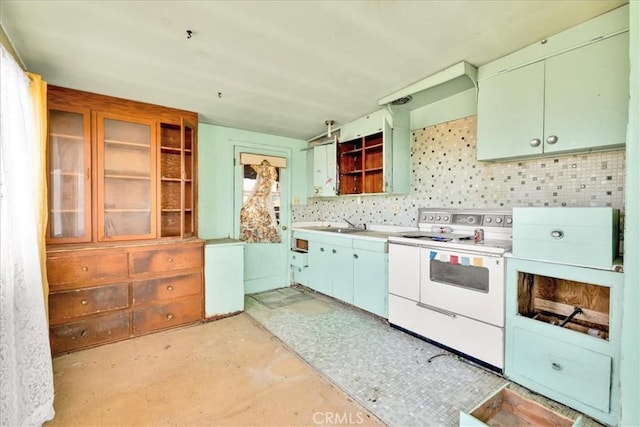 7037 Calapooya Way, Joshua Tree, CA 92252 - kitchen with white electric stove, unfinished concrete flooring, open shelves, tasteful backsplash, and light countertops