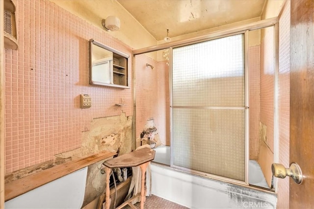 7037 Calapooya Way, Joshua Tree, CA 92252 - bathroom featuring shower / bath combination with glass door and tile patterned floors