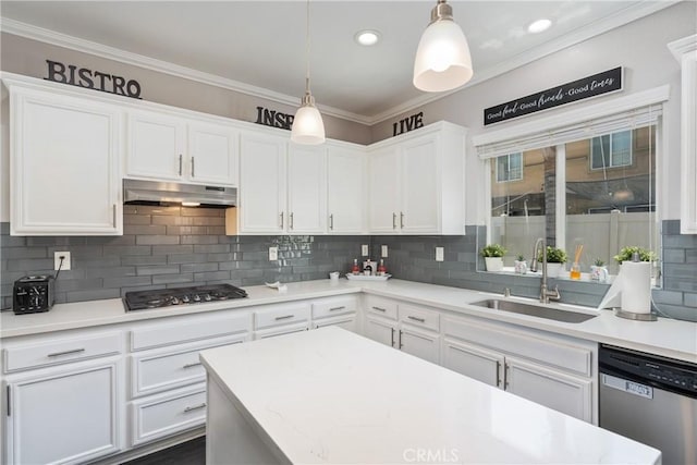 893 Whimbrel Way, Perris, CA 92571 - kitchen featuring stainless steel dishwasher, a sink, under cabinet range hood, white cabinets, and crown molding