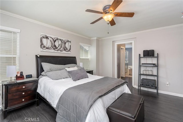 893 Whimbrel Way, Perris, CA 92571 - bedroom featuring dark wood-style flooring, ornamental molding, baseboards, connected bathroom, and ceiling fan