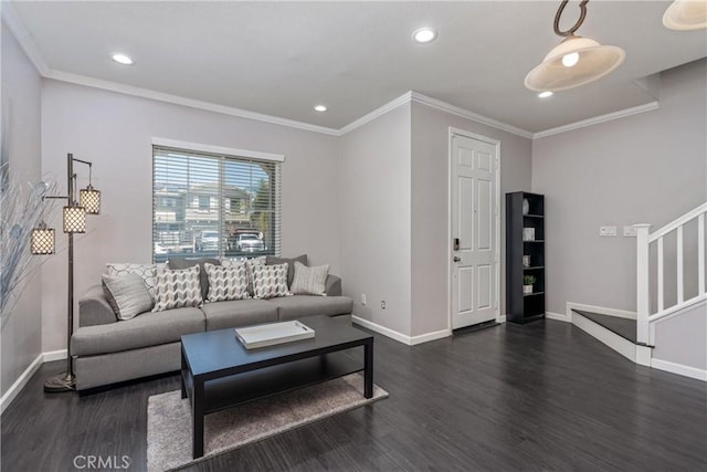 893 Whimbrel Way, Perris, CA 92571 - living area with dark wood-style flooring, stairs, baseboards, recessed lighting, and crown molding