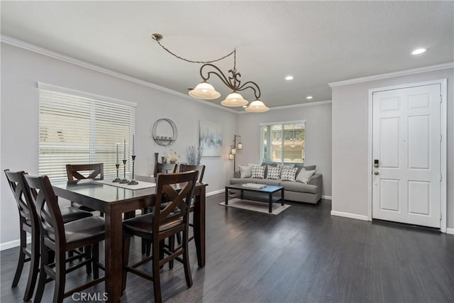 893 Whimbrel Way, Perris, CA 92571 - dining area featuring ornamental molding, baseboards, dark wood-style flooring, and recessed lighting
