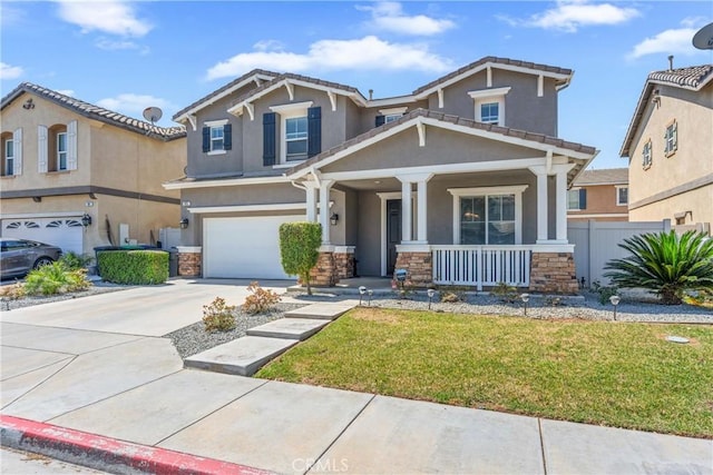 893 Whimbrel Way, Perris, CA 92571 - craftsman-style home featuring covered porch, stucco siding, a garage, and stone siding