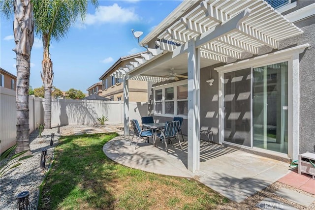 893 Whimbrel Way, Perris, CA 92571 - fenced backyard featuring ceiling fan, a pergola, and a patio area