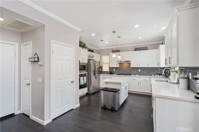 893 Whimbrel Way, Perris, CA 92571 - kitchen featuring a sink, appliances with stainless steel finishes, under cabinet range hood, dark wood-style flooring, and white cabinets