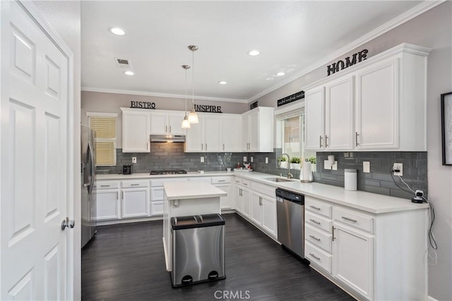 893 Whimbrel Way, Perris, CA 92571 - kitchen with appliances with stainless steel finishes, a sink, under cabinet range hood, white cabinets, and crown molding