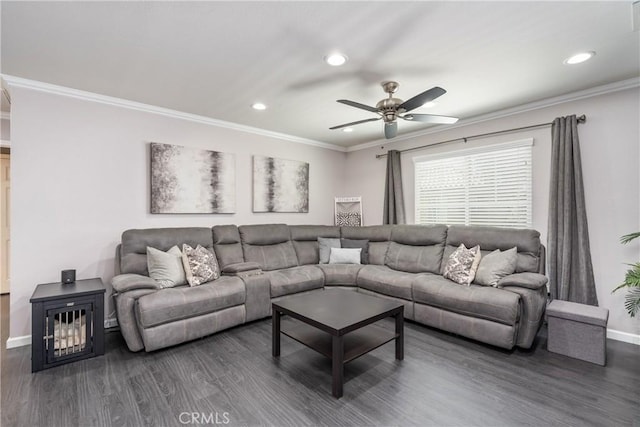 893 Whimbrel Way, Perris, CA 92571 - living area featuring recessed lighting, baseboards, dark wood-style floors, crown molding, and ceiling fan