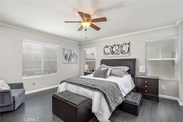 893 Whimbrel Way, Perris, CA 92571 - bedroom featuring baseboards, dark wood-style flooring, ornamental molding, and ceiling fan