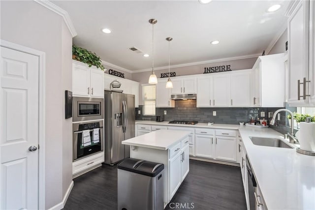 893 Whimbrel Way, Perris, CA 92571 - kitchen with appliances with stainless steel finishes, a sink, under cabinet range hood, white cabinetry, and dark wood-style flooring