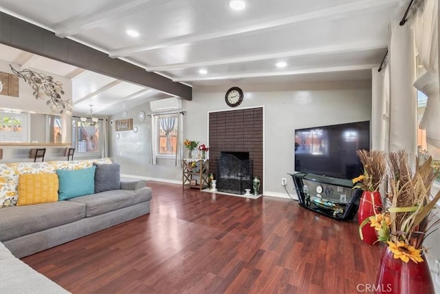 38868 Yucca Tree St, Palmdale, CA 93551 - living area featuring an AC wall unit, wood finished floors, baseboards, a fireplace, and recessed lighting