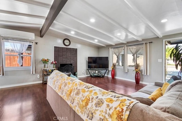 38868 Yucca Tree St, Palmdale, CA 93551 - living area with a wall mounted AC, dark wood finished floors, baseboards, and recessed lighting