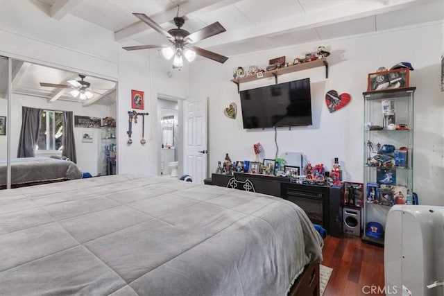 38868 Yucca Tree St, Palmdale, CA 93551 - bedroom with beamed ceiling, wood finished floors, and a ceiling fan