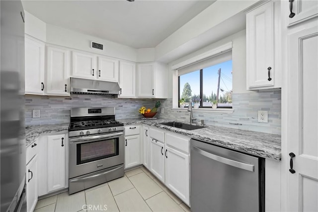 20815 Norwalk Blvd Unit 6, Lakewood, CA 90715 - kitchen featuring stainless steel appliances, under cabinet range hood, a sink, light tile patterned floors, and white cabinetry