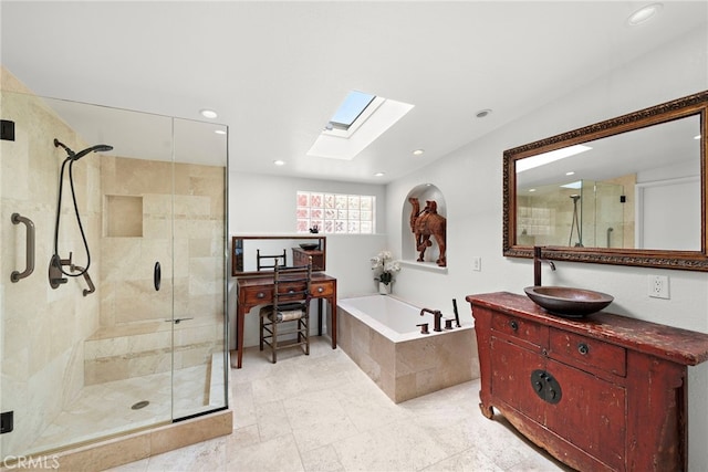 28751 Top Of The World Dr, Laguna Beach, CA 92651 - full bath with a skylight, a stall shower, a bath, recessed lighting, and vanity