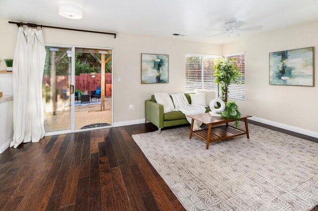 3362 Edgeview, San Marcos, CA 92078 - living room featuring hardwood / wood-style floors, healthy amount of natural light, baseboards, and ceiling fan