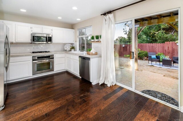 3362 Edgeview, San Marcos, CA 92078 - kitchen featuring stainless steel appliances, light countertops, a sink, dark wood-type flooring, and recessed lighting