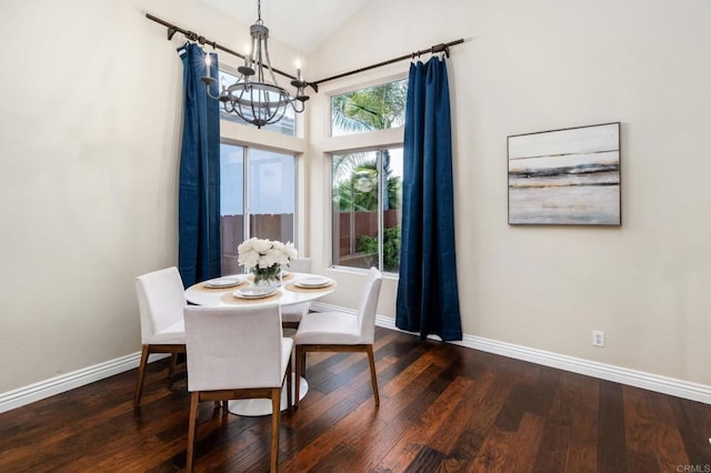 3362 Edgeview, San Marcos, CA 92078 - dining room featuring a chandelier, wood finished floors, baseboards, and high vaulted ceiling