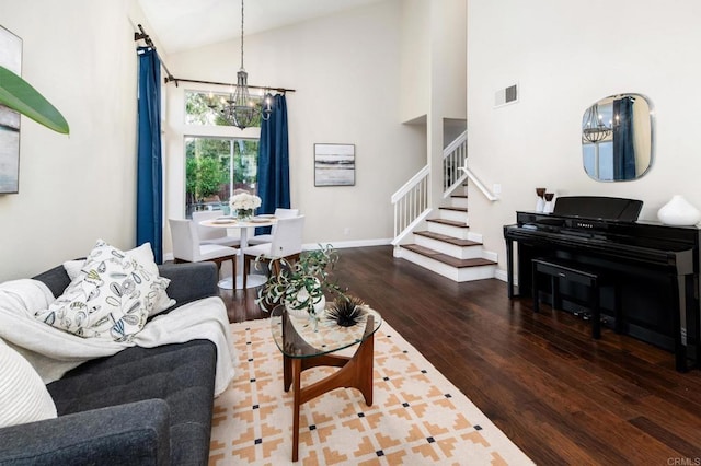 3362 Edgeview, San Marcos, CA 92078 - living area with a chandelier, wood finished floors, stairway, high vaulted ceiling, and baseboards