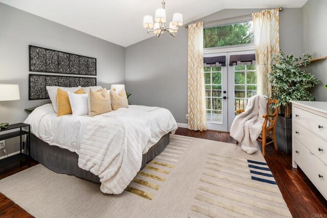 3362 Edgeview, San Marcos, CA 92078 - bedroom featuring vaulted ceiling, french doors, access to outside, wood finished floors, and a chandelier