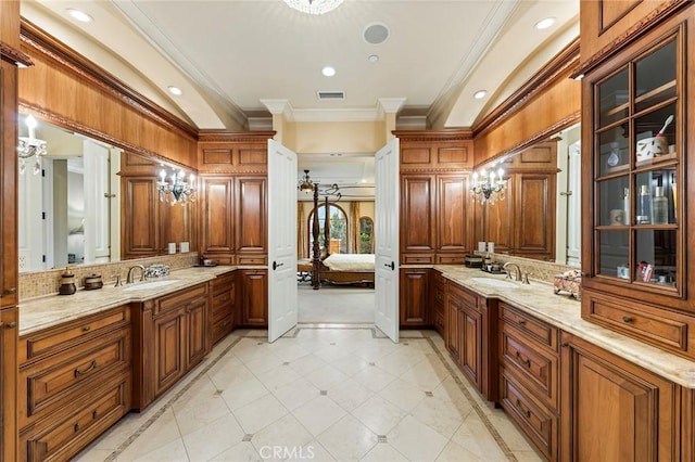 367 Monterey Pines Dr, Arcadia, CA 91006 - ensuite bathroom with crown molding, two vanities, tasteful backsplash, recessed lighting, and tile patterned flooring