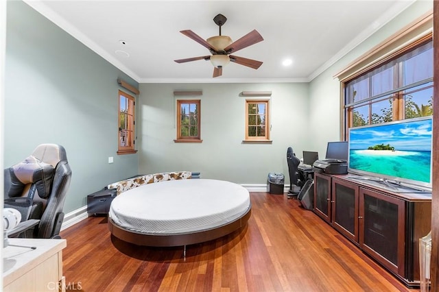 367 Monterey Pines Dr, Arcadia, CA 91006 - office area featuring wood finished floors, baseboards, ceiling fan, crown molding, and recessed lighting
